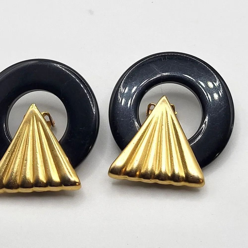 Vintage 80s Art Deco Black Gold Clip On Earrings 1.5in